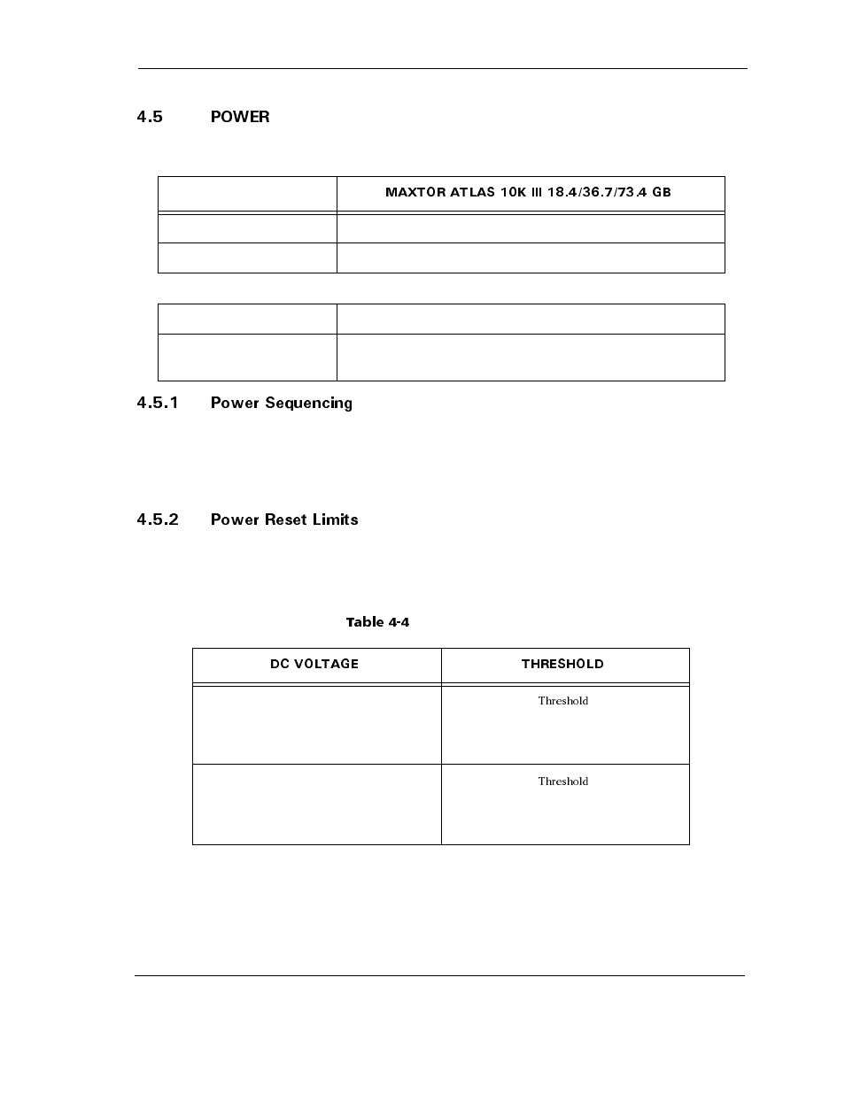 5 power, 1 power sequencing, 2 power reset limits | Table 4-4 power reset limits1, 5 power -5, 1 power sequencing -5 4.5.2 power reset limits -5, Table 4-4, Power reset limits1 -5 | Maxtor ATLAS 10K III User Manual | Page 57 / 284
