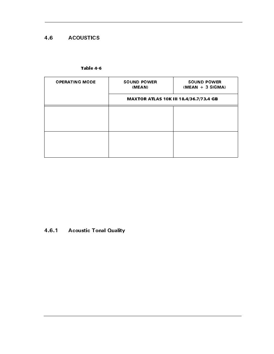 6 acoustics, 1 acoustic tonal quality, 6 acoustics -7 | 1 acoustic tonal quality -7, Table 4-6 | Maxtor ATLAS 10K III User Manual | Page 59 / 284