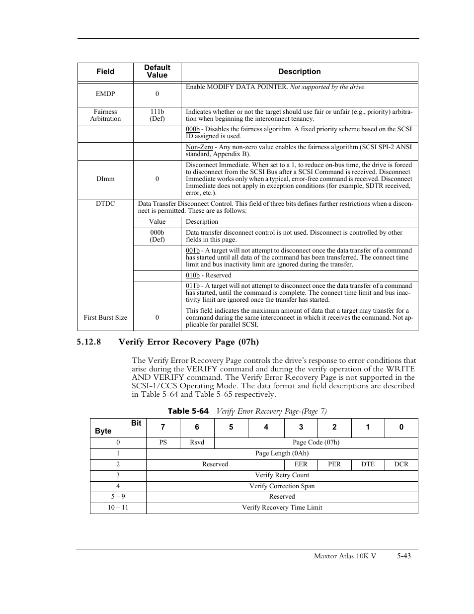 8 verify error recovery page (07h) | Maxtor 10K V User Manual | Page 101 / 253