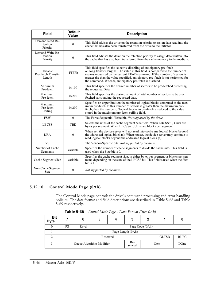 10 control mode page (0ah) | Maxtor 10K V User Manual | Page 104 / 253
