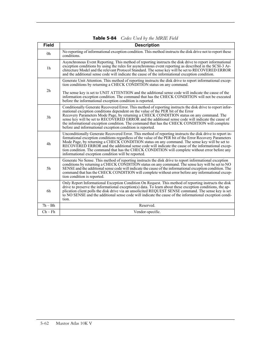 Table 5-84 codes used by the mrie field | Maxtor 10K V User Manual | Page 120 / 253