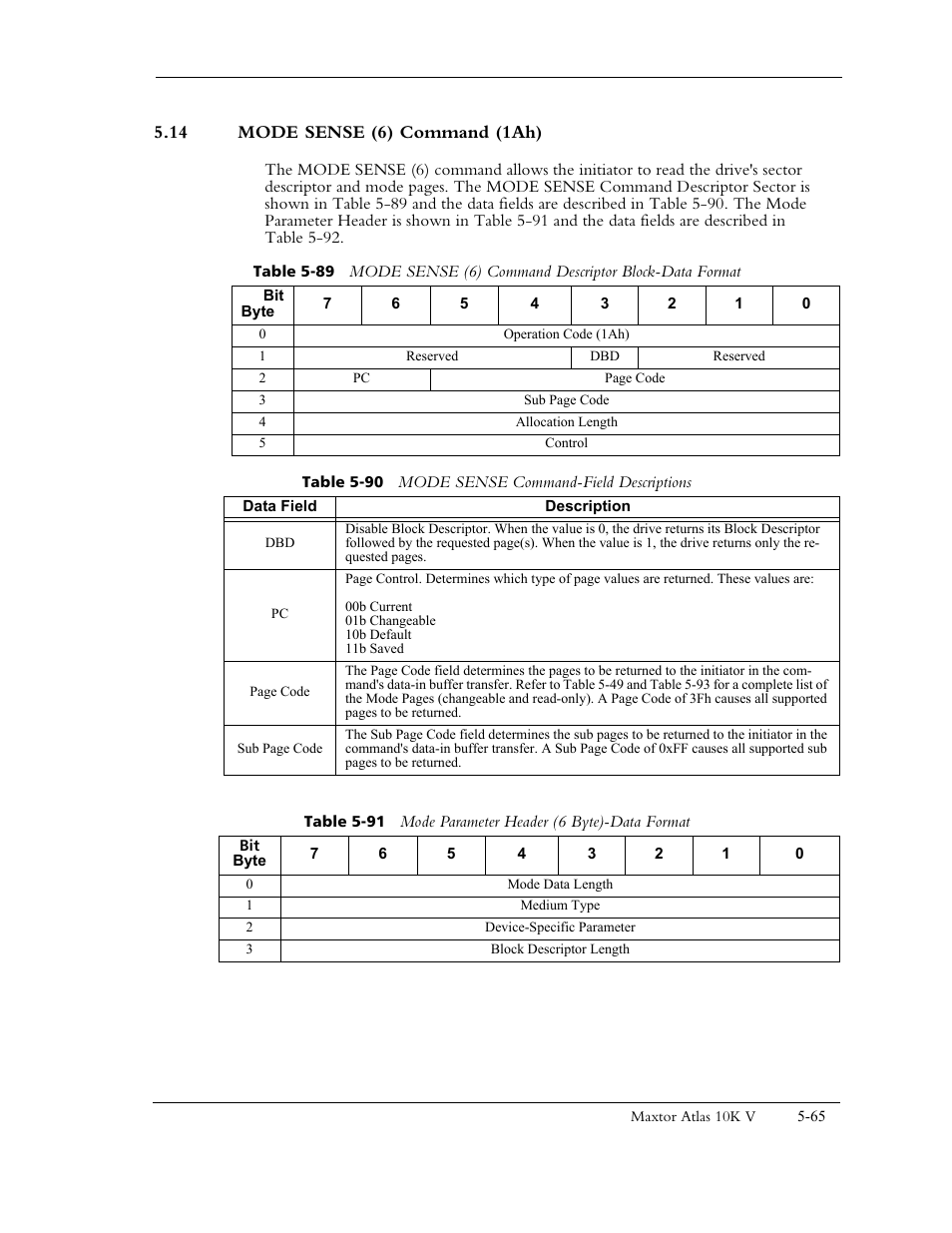 14 mode sense (6) command (1ah), Table 5-90 mode sense command-field descriptions | Maxtor 10K V User Manual | Page 123 / 253