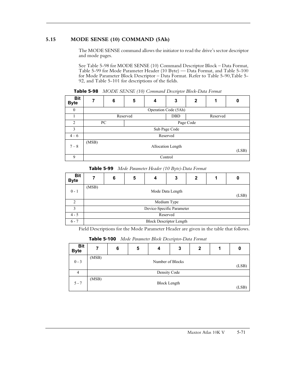 15 mode sense (10) command (5ah) | Maxtor 10K V User Manual | Page 129 / 253