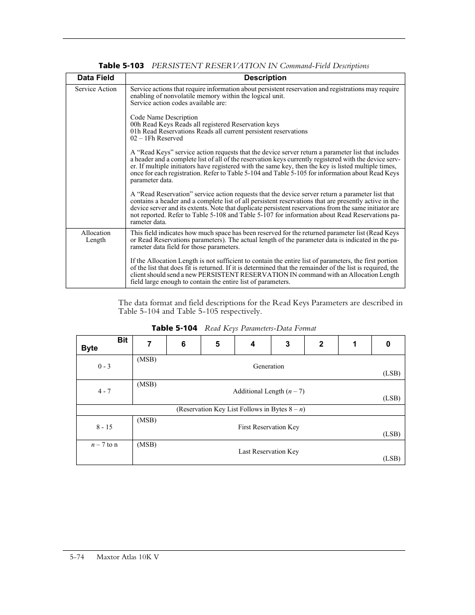 Table 5-104 read keys parameters-data format | Maxtor 10K V User Manual | Page 132 / 253
