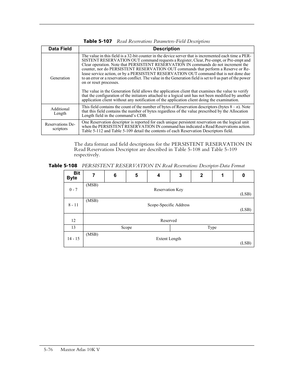 Table 5-108, Table 5-107 f | Maxtor 10K V User Manual | Page 134 / 253