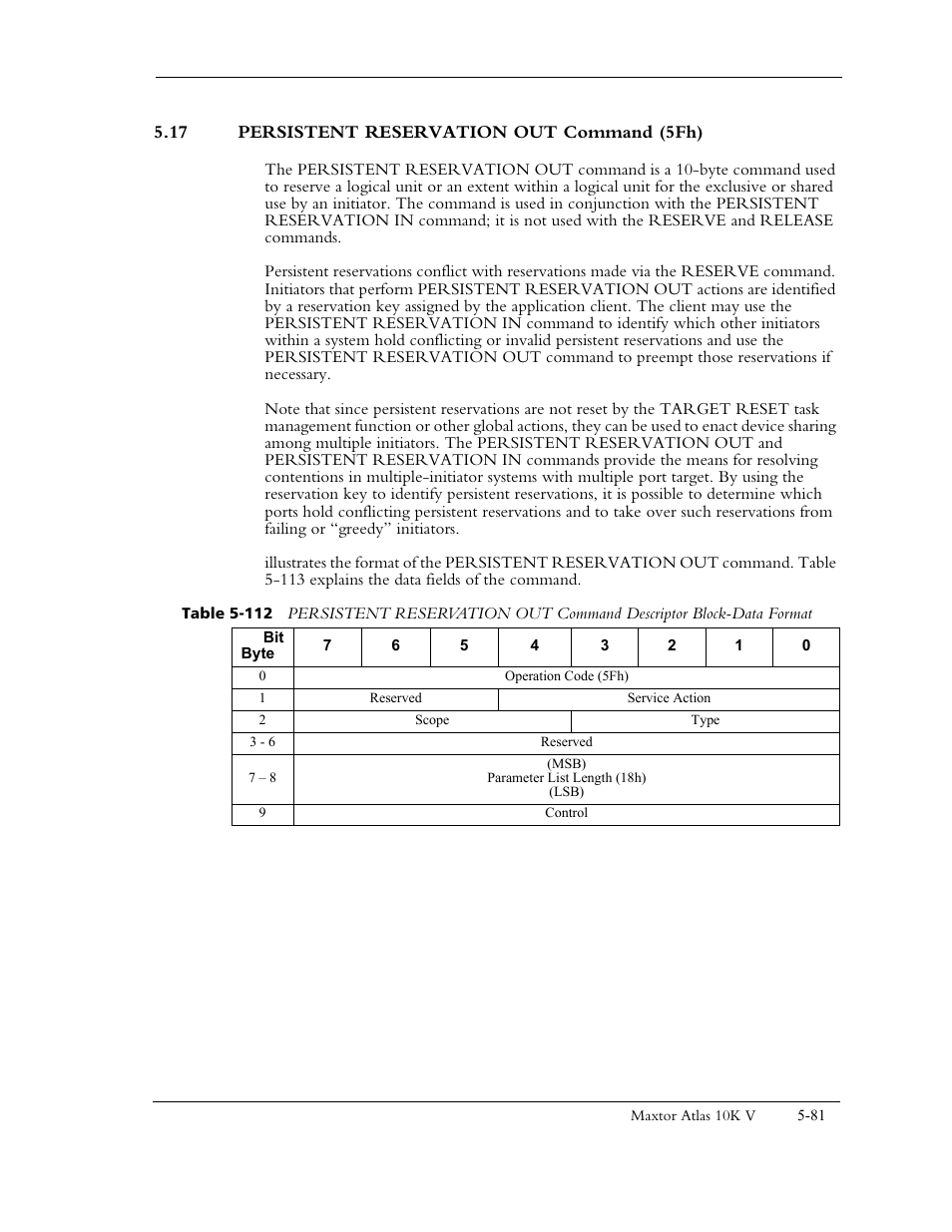 17 persistent reservation out command (5fh), Table 5-112 and table | Maxtor 10K V User Manual | Page 139 / 253