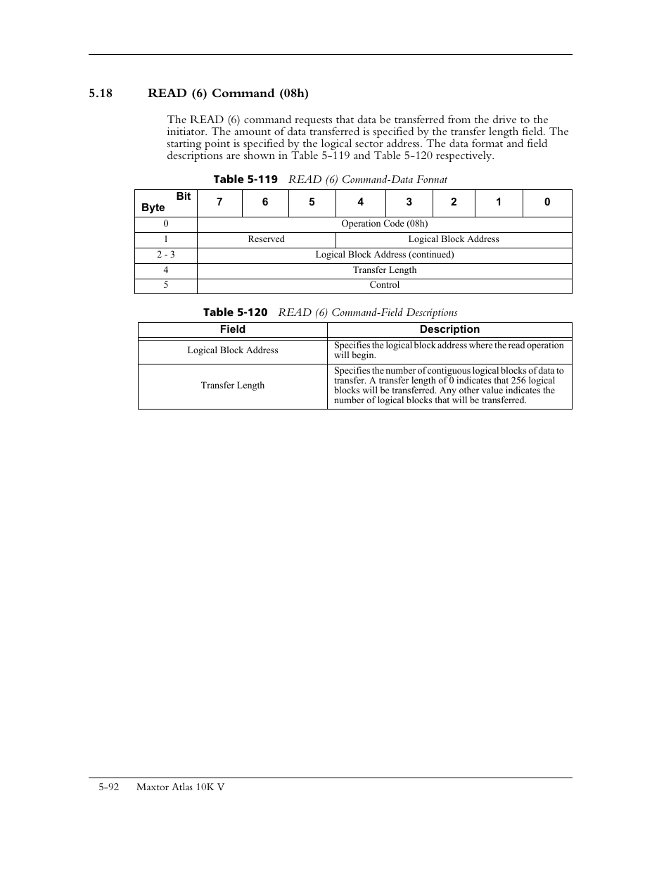 18 read (6) command (08h), Table 5-119 read (6) command-data format, Table 5-120 read (6) command -field descriptions | Maxtor 10K V User Manual | Page 150 / 253