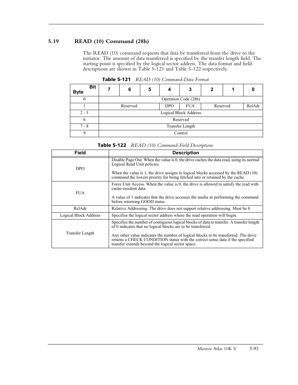 19 read (10) command (28h), Table 5-121 read (10) command -data format, Table 5-122 read (10) command -field descriptions | Maxtor 10K V User Manual | Page 151 / 253