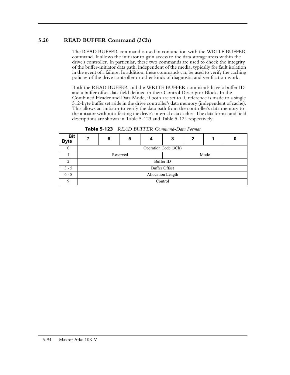 20 read buffer command (3ch), Table 5-123 read buffer command-data format | Maxtor 10K V User Manual | Page 152 / 253