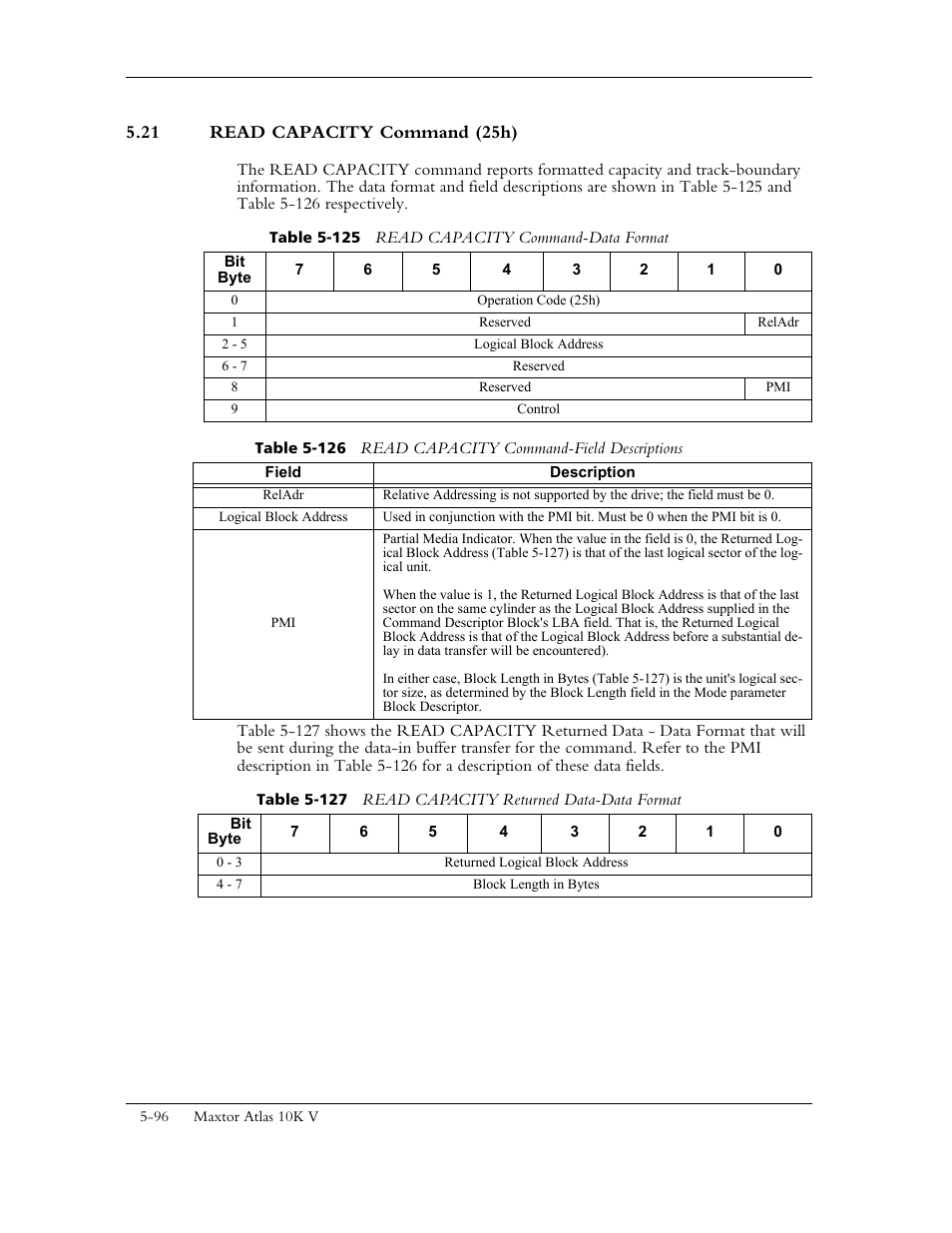 21 read capacity command (25h), Table 5-125 read capacity command-data format | Maxtor 10K V User Manual | Page 154 / 253