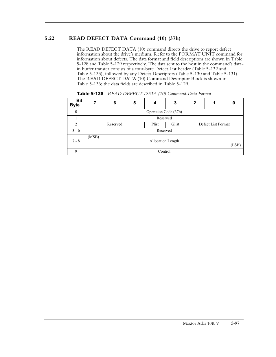 22 read defect data command (10) (37h) | Maxtor 10K V User Manual | Page 155 / 253