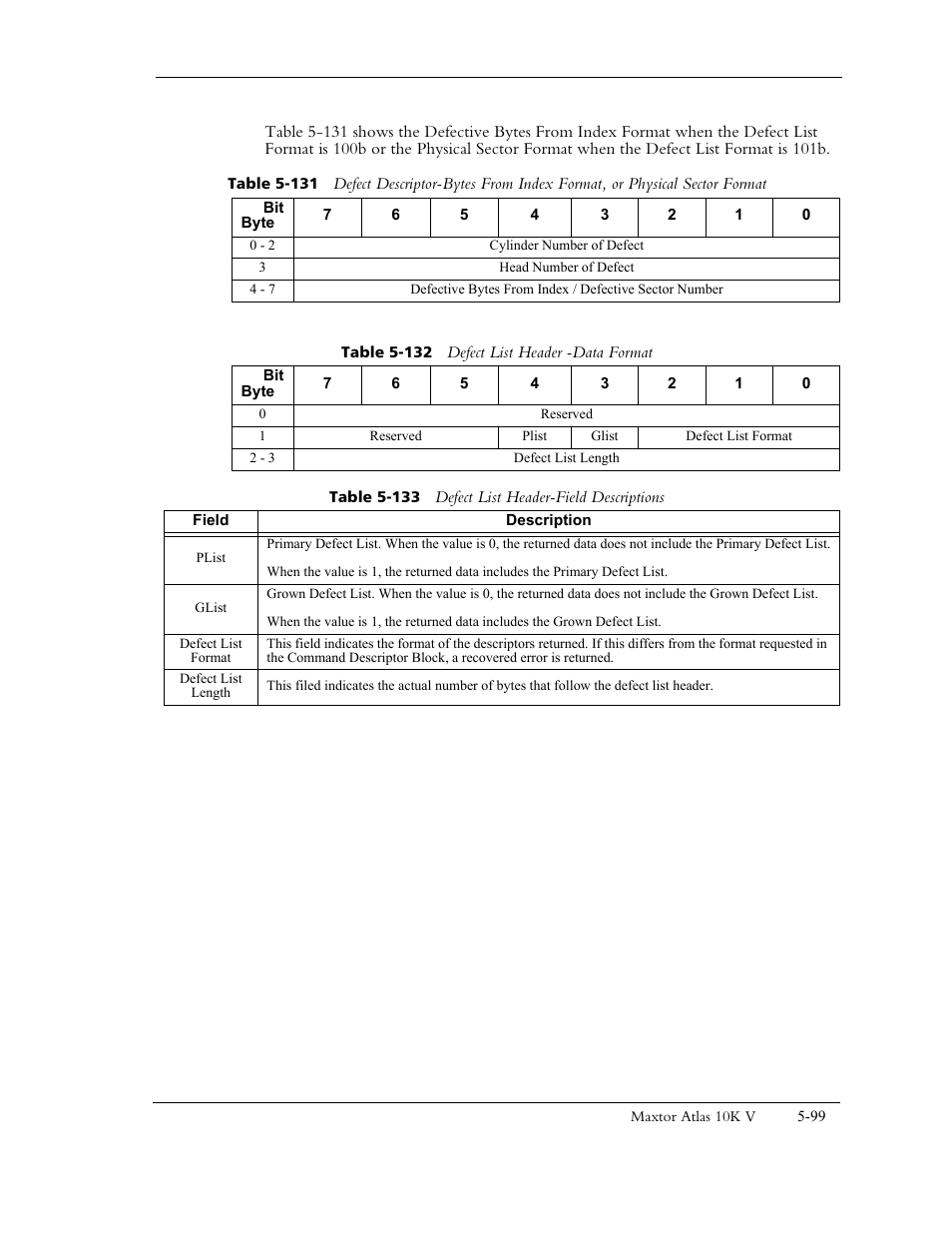 Table 5-132 defect list header -data format, Table 5-133 defect list header -field descriptions, Table 5-132 a | Table 5-133, And table 5-131), Table 5-132) is, Table 5-131). default | Maxtor 10K V User Manual | Page 157 / 253