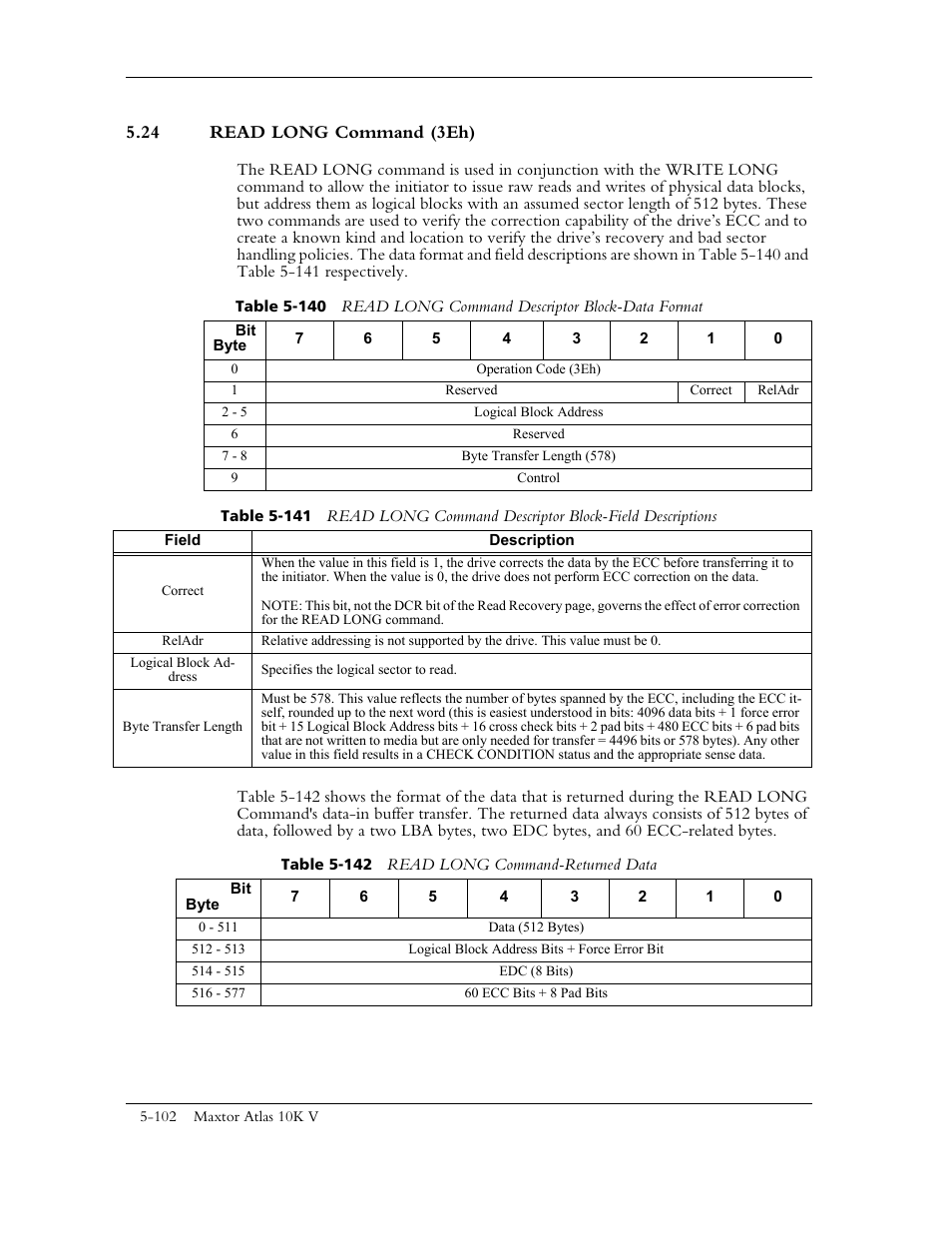 24 read long command (3eh), Table 5-142 read long command -returned data | Maxtor 10K V User Manual | Page 160 / 253