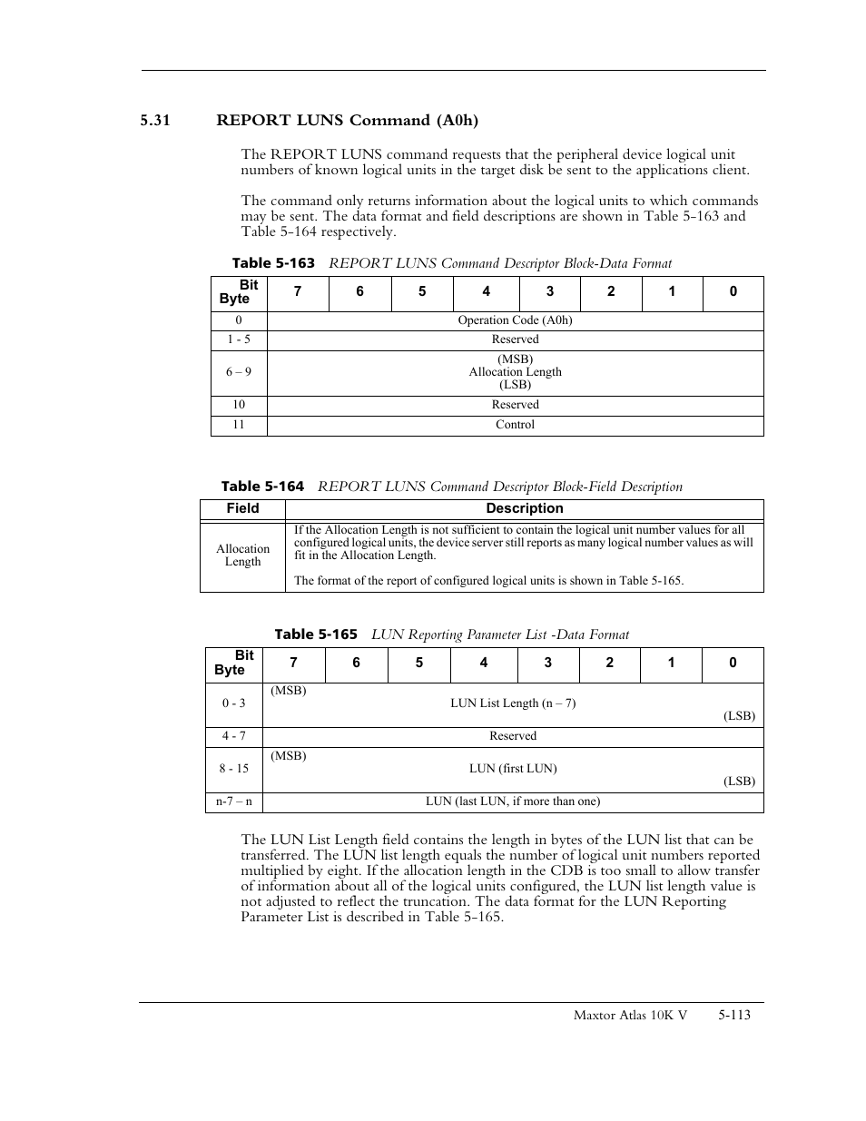 31 report luns command (a0h) | Maxtor 10K V User Manual | Page 171 / 253