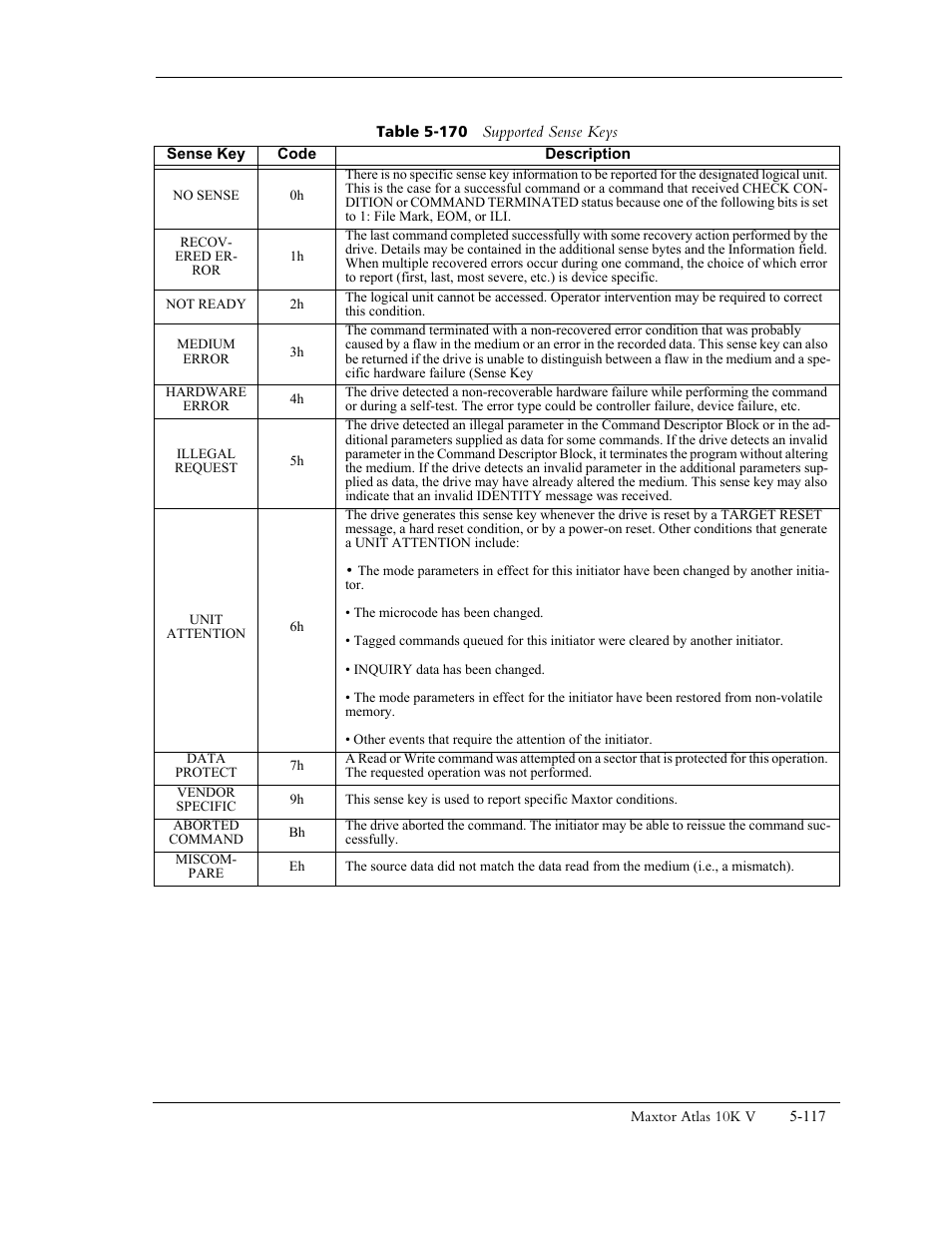 Table 5-170 supported sense key s, In table 5-170 an, Table 5-170 (exception | Maxtor 10K V User Manual | Page 175 / 253