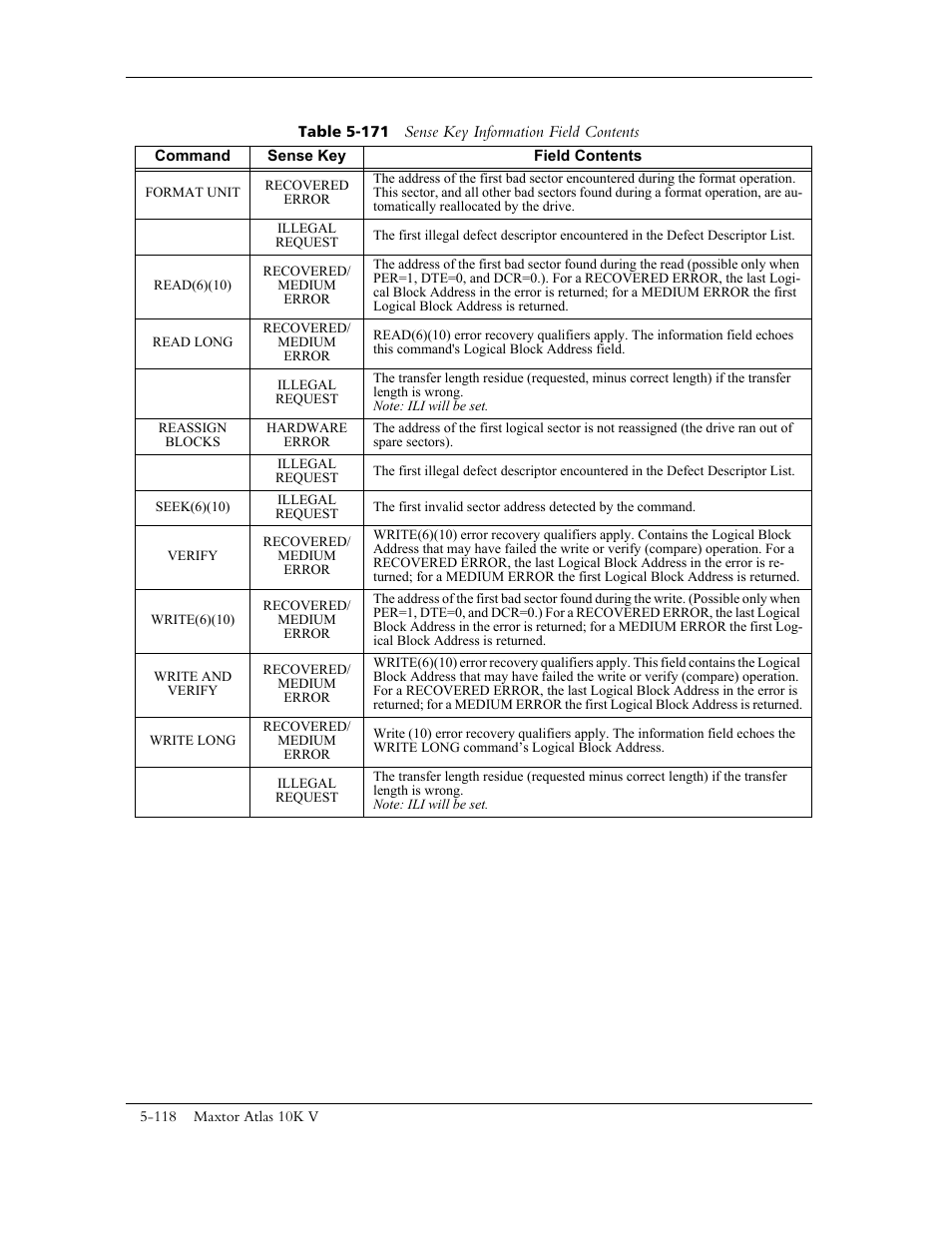 Table 5-171 sense key information field contents, In table 5- 171. the supported additional, Eld is contained in ta | Ble 5-171, Table 5-171 | Maxtor 10K V User Manual | Page 176 / 253