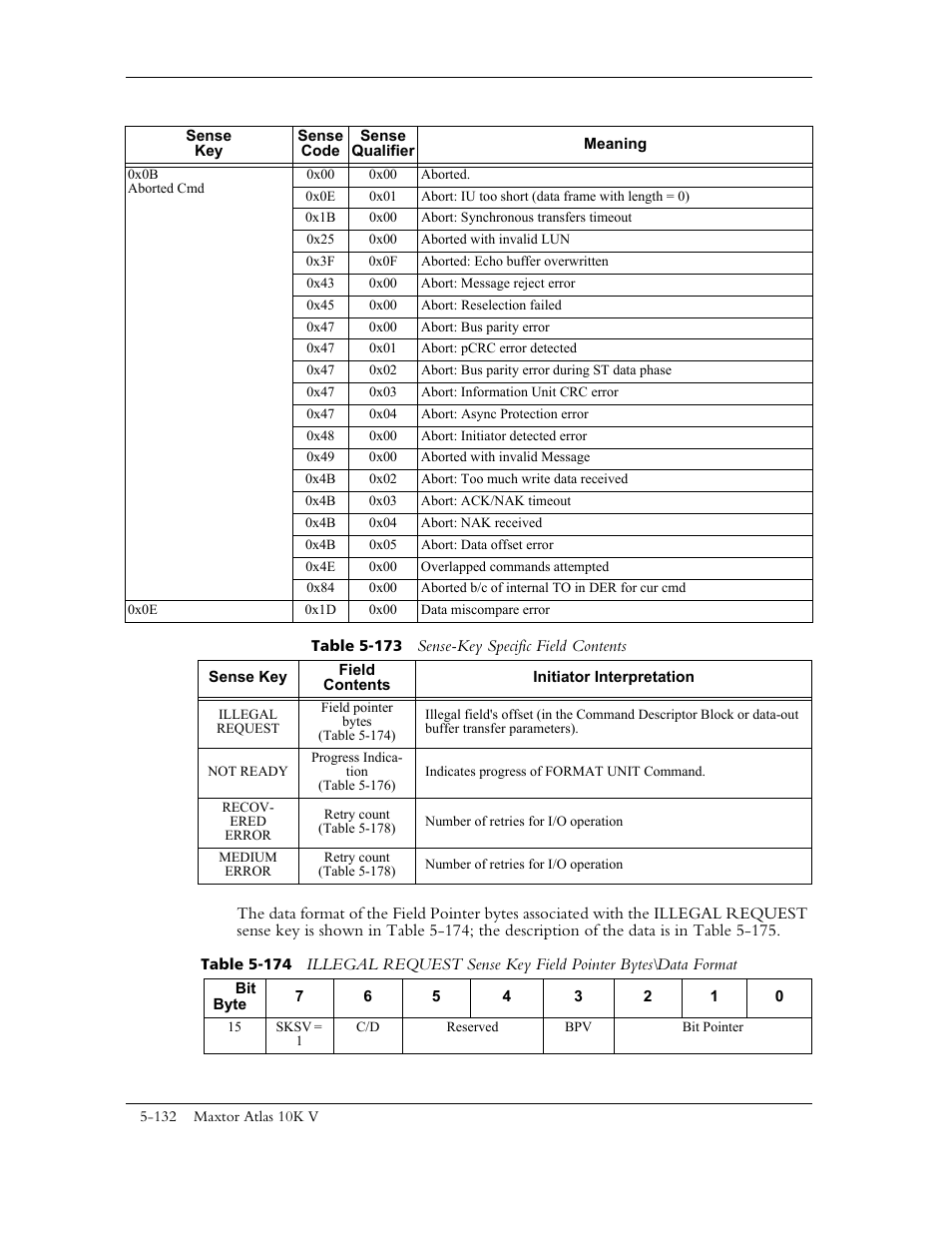 Table 5-173 sense-key specific field contents, Eld contents in table 5-173, Bed in table 5-173 | Maxtor 10K V User Manual | Page 190 / 253