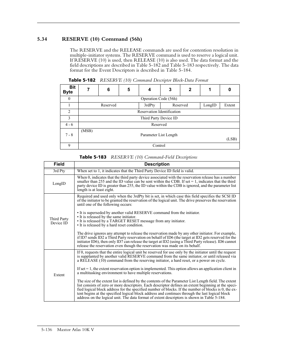 34 reserve (10) command (56h) | Maxtor 10K V User Manual | Page 194 / 253