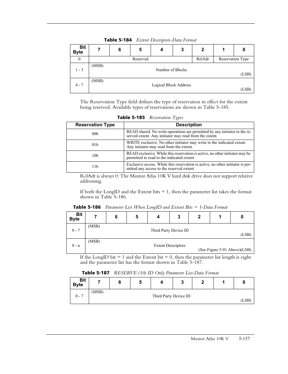 Table 5-184 extent descriptors-data format, Table 5-185 reservation types | Maxtor 10K V User Manual | Page 195 / 253