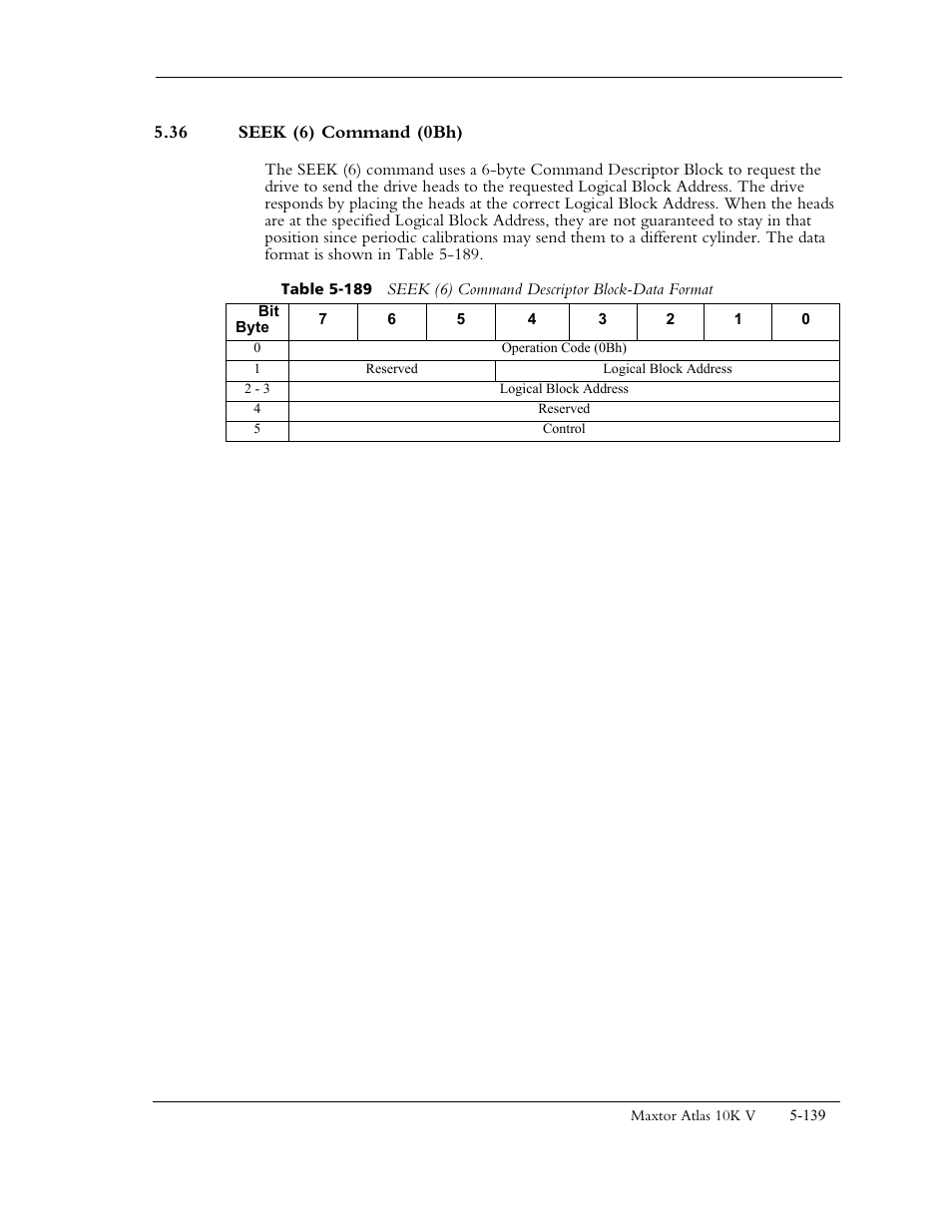 36 seek (6) command (0bh) | Maxtor 10K V User Manual | Page 197 / 253