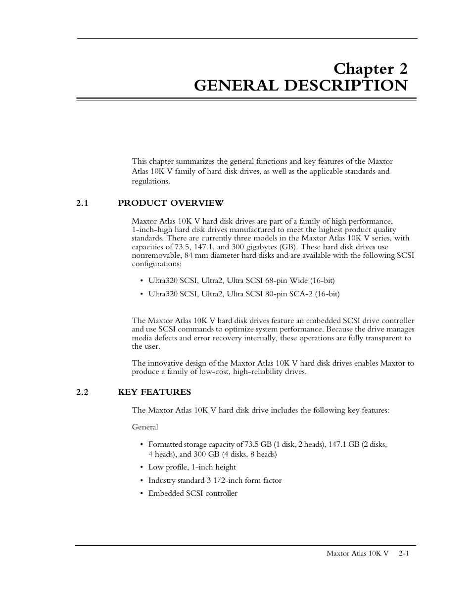 Chapter 2 general description, 1 product overview, 2 key features | Maxtor 10K V User Manual | Page 20 / 253