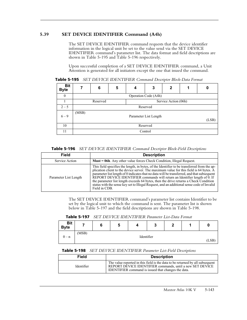 39 set device identifier command (a4h) | Maxtor 10K V User Manual | Page 201 / 253