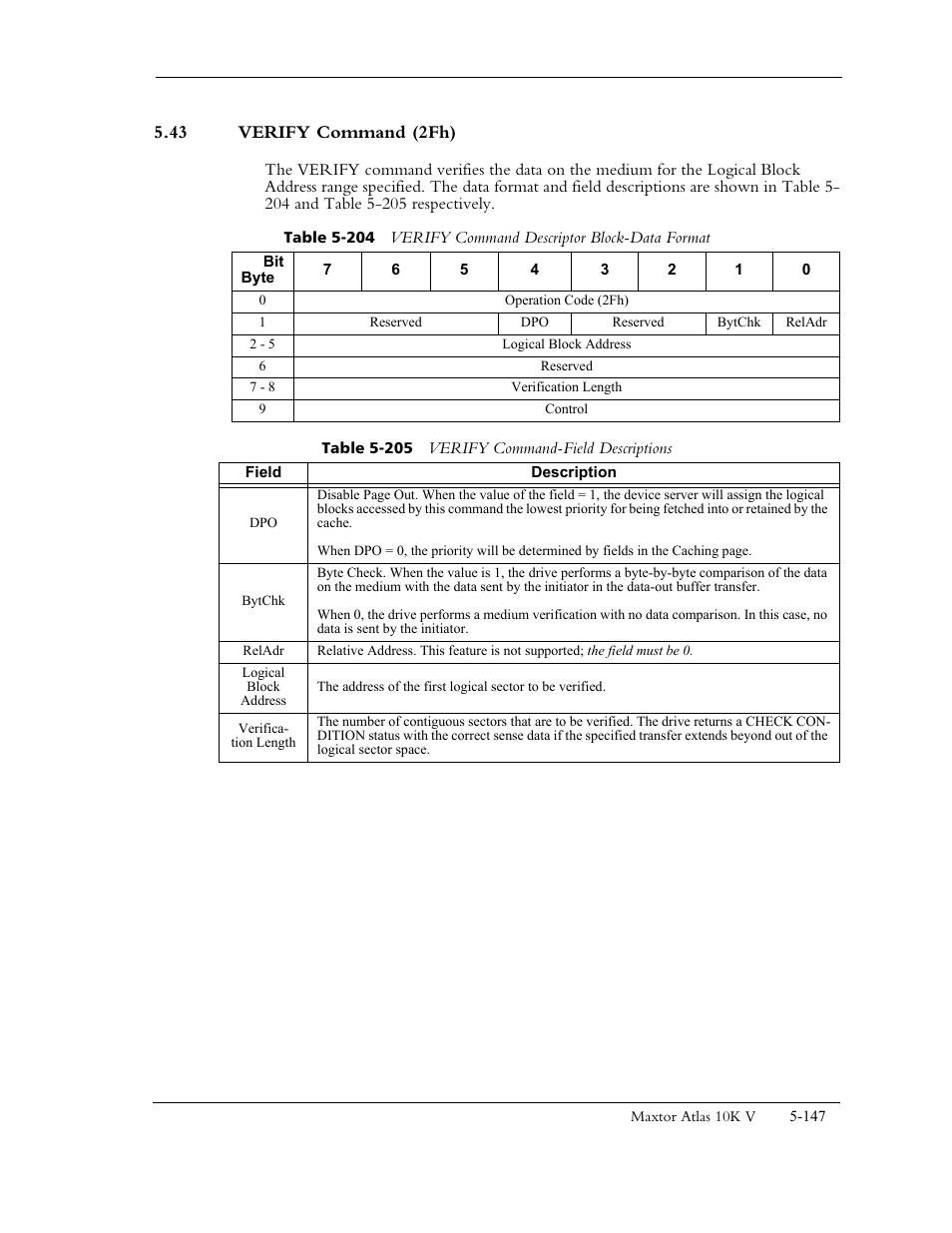 43 verify command (2fh), Table 5-205 verify command-field descriptions | Maxtor 10K V User Manual | Page 205 / 253