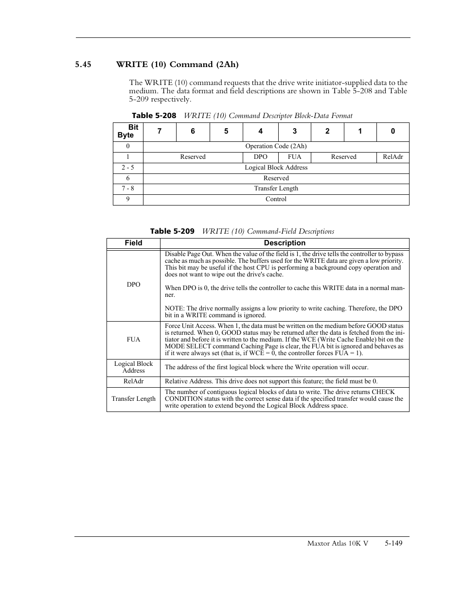45 write (10) command (2ah), Table 5-209 write (10) command -field descriptions | Maxtor 10K V User Manual | Page 207 / 253