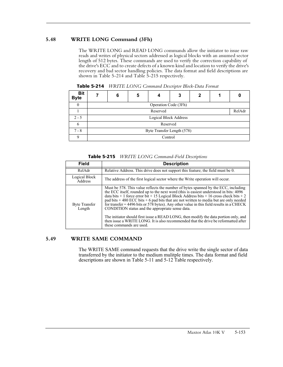 48 write long command (3fh), Table 5-215 write long command-field descriptions, 49 write same command | Maxtor 10K V User Manual | Page 211 / 253