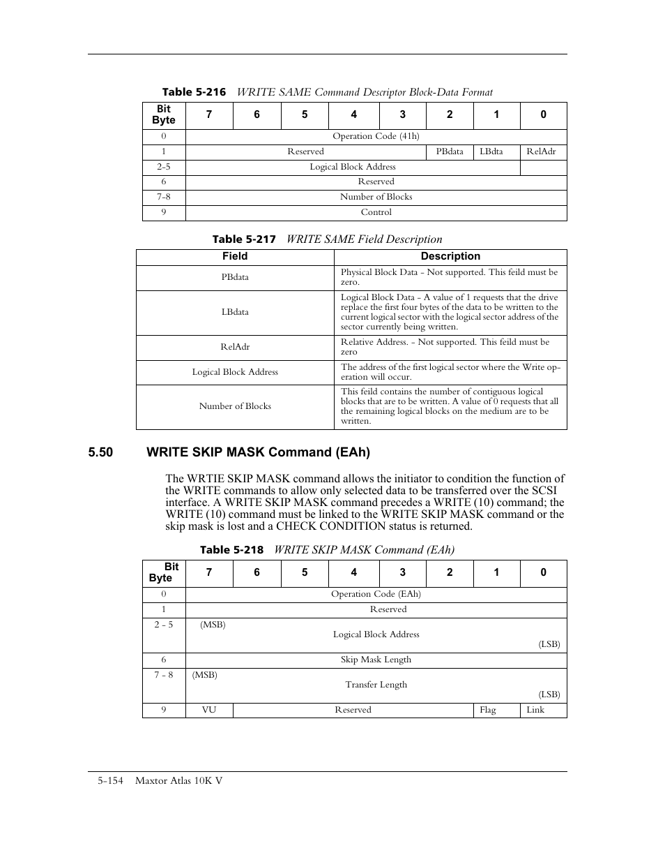Table 5-217 write same field description, 50 write skip mask command (eah), Table 5-218 write skip mask command (eah) | Maxtor 10K V User Manual | Page 212 / 253