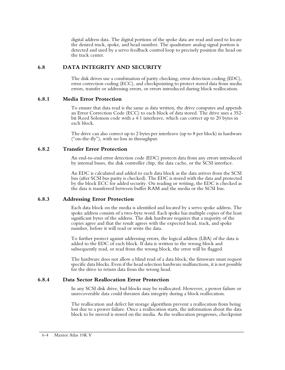 8 data integrity and security, 1 media error protection, 2 transfer error protection | 3 addressing error protection, 4 data sector reallocation error protection | Maxtor 10K V User Manual | Page 218 / 253