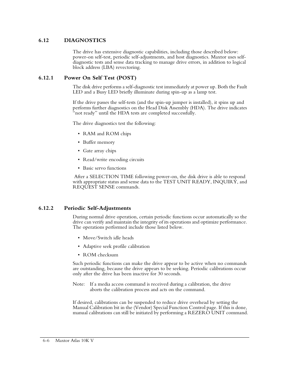 12 diagnostics, 1 power on self test (post), 2 periodic self-adjustments | Maxtor 10K V User Manual | Page 220 / 253