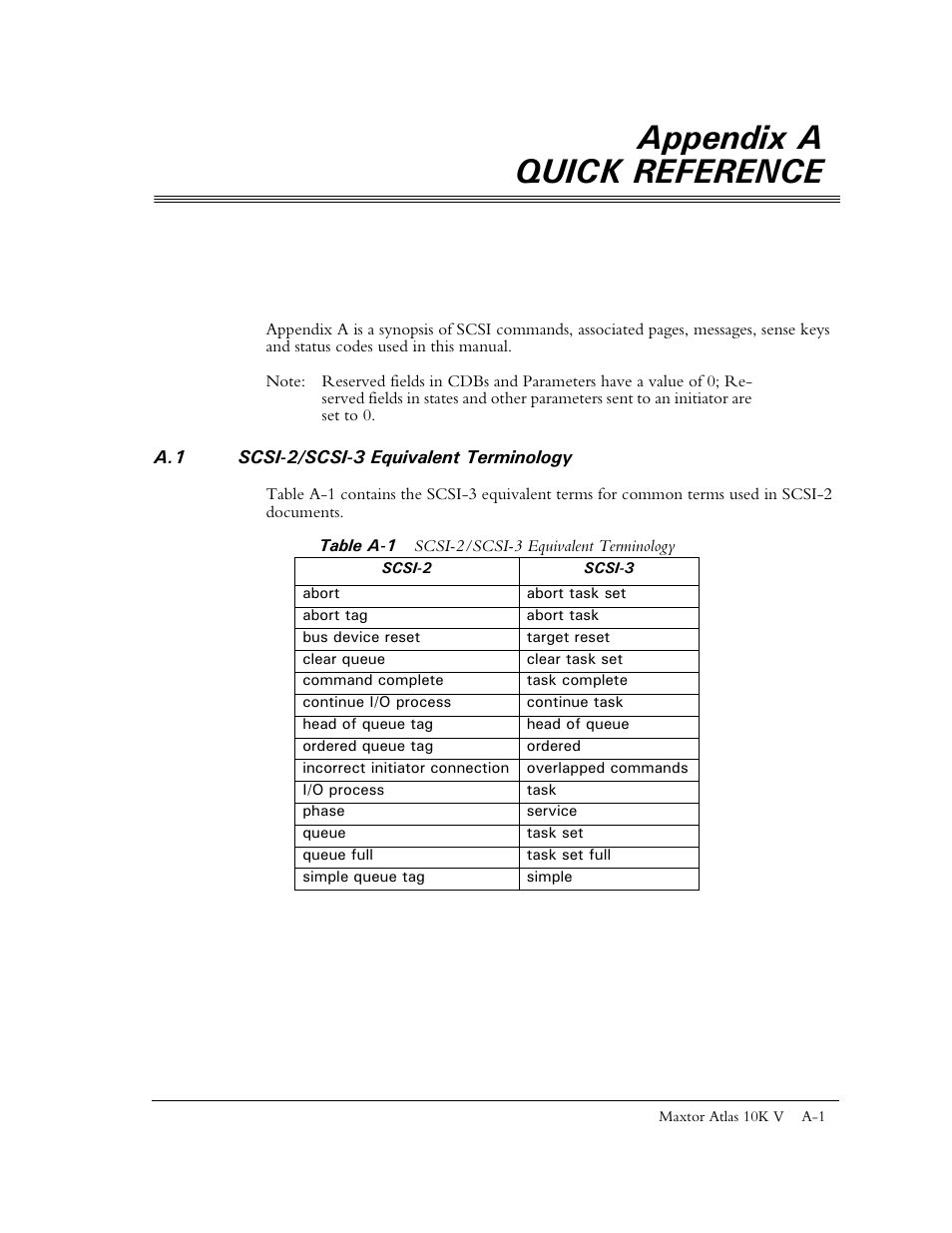 Appendix a quick reference, A.1 scsi-2/scsi-3 equivalent terminology, Table a-1 scsi-2/scsi-3 equivalent terminology | Maxtor 10K V User Manual | Page 229 / 253