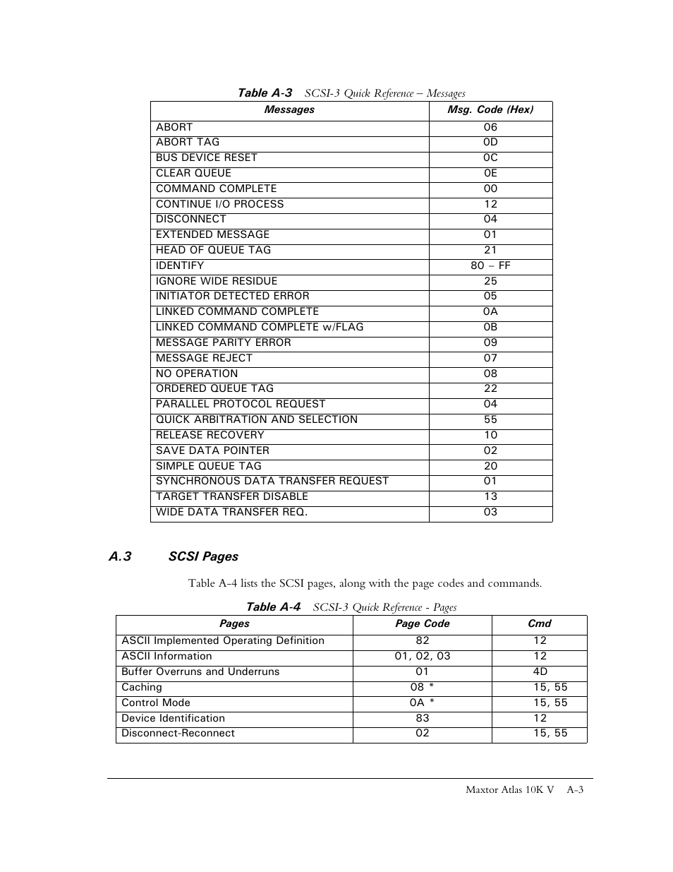 Table a-3 scsi-3 quick reference - messages | Maxtor 10K V User Manual | Page 231 / 253