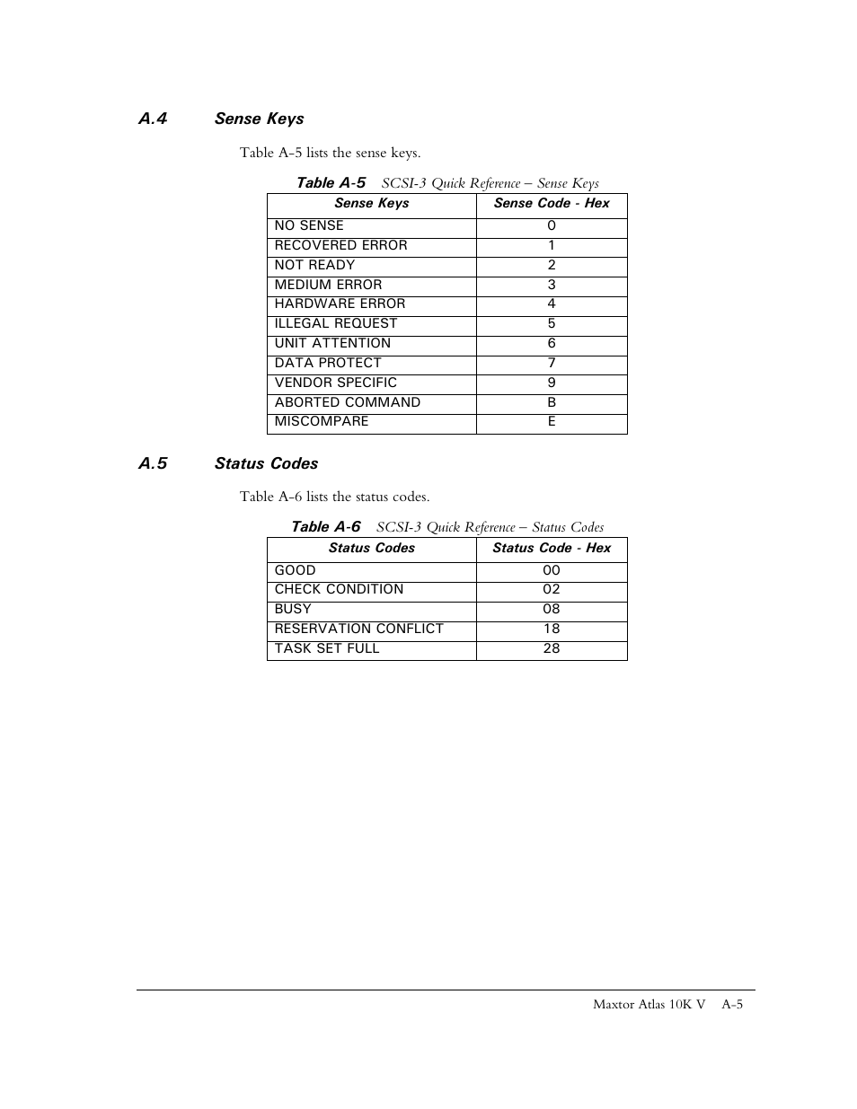 A.4 sense keys, Table a-5 scsi-3 quick reference - sense keys, A.5 status codes | Table a-6 scsi-3 quick reference - status codes | Maxtor 10K V User Manual | Page 233 / 253