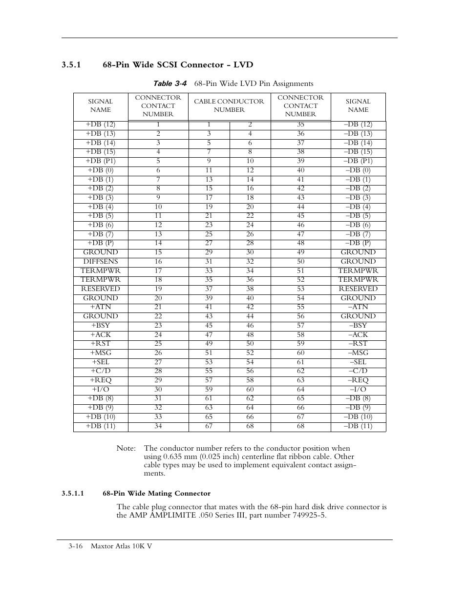 1 68-pin wide scsi connector - lvd, Table 3-4 68-pin wide lvd pin assignments, 1 68-pin wide mating connector | Maxtor 10K V User Manual | Page 40 / 253
