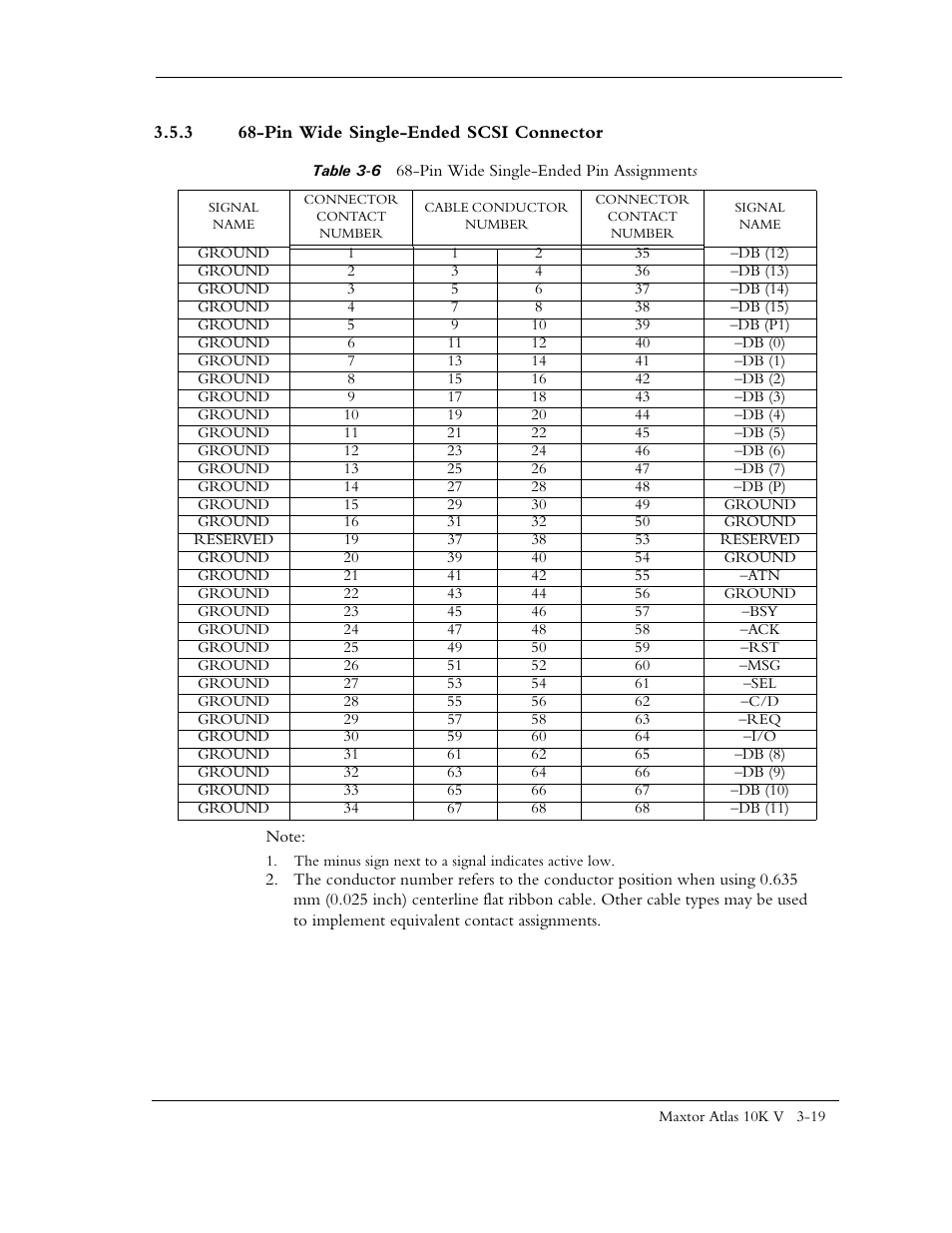 3 68-pin wide single-ended scsi connector, Table 3-6 68-pin wide single-ended pin assignments | Maxtor 10K V User Manual | Page 43 / 253