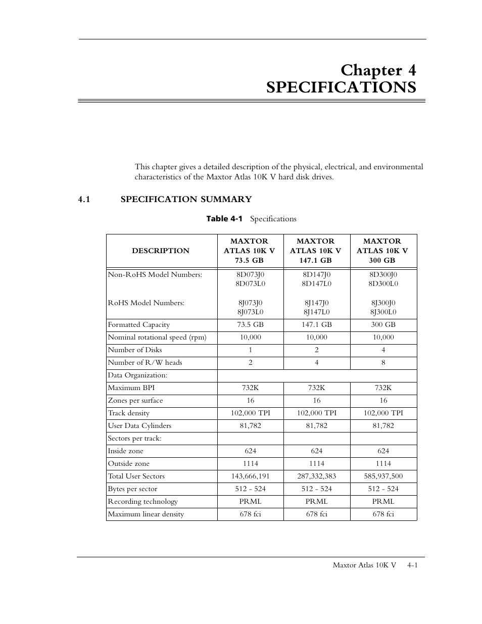 Chapter 4 specifications, 1 specification summary, Table 4-1 specifications | Maxtor 10K V User Manual | Page 49 / 253