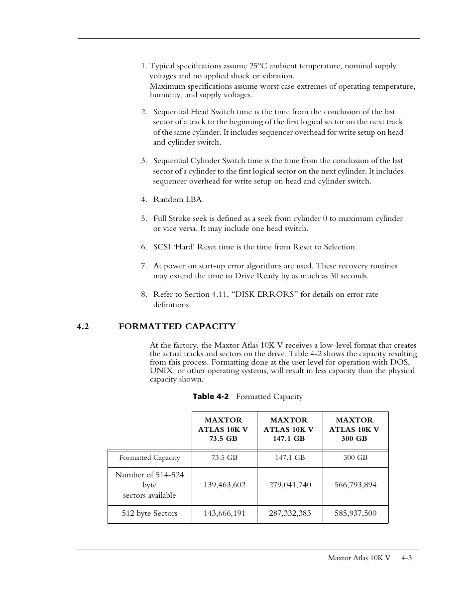 2 formatted capacity, Table 4-2 formatted capacity | Maxtor 10K V User Manual | Page 51 / 253