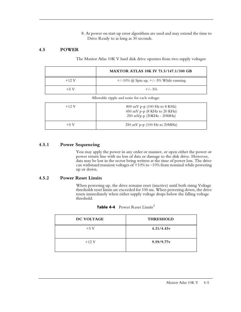 5 power, 1 power sequencing, 2 power reset limits | Table 4-4 power reset limits1 | Maxtor 10K V User Manual | Page 53 / 253