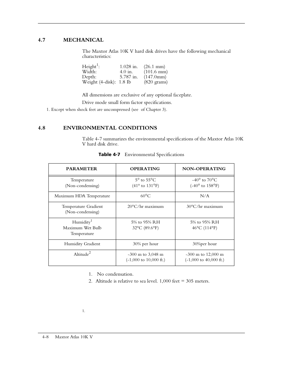 7 mechanical, 8 environmental conditions, Table 4-7 environmental specifications | Maxtor 10K V User Manual | Page 56 / 253
