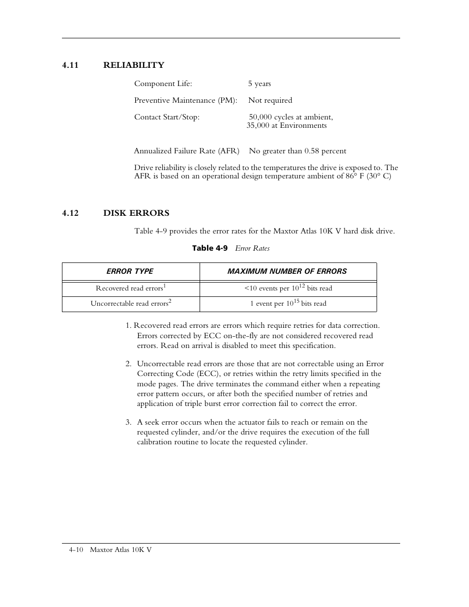 11 reliability, 12 disk errors, Table 4-9 error rates | Maxtor 10K V User Manual | Page 58 / 253