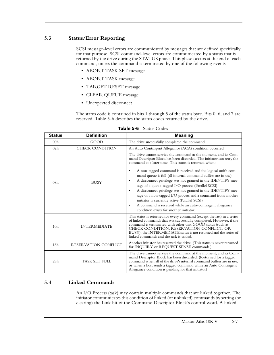 3 status/error reporting, Table 5-6 status codes, 4 linked commands | Maxtor 10K V User Manual | Page 65 / 253