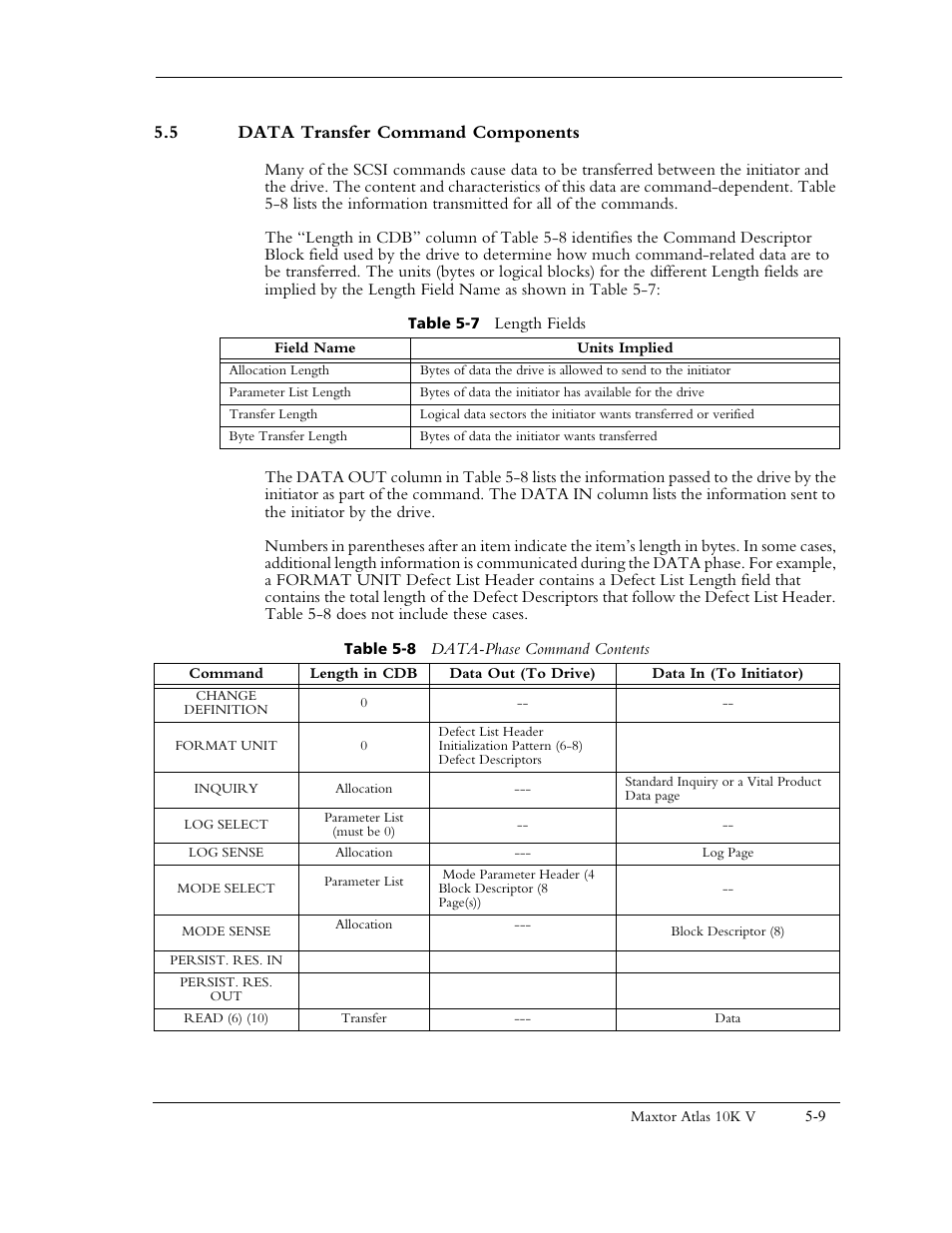 5 data transfer command components, Table 5-7 length fields, Table 5-8 data-phase command contents | Maxtor 10K V User Manual | Page 67 / 253