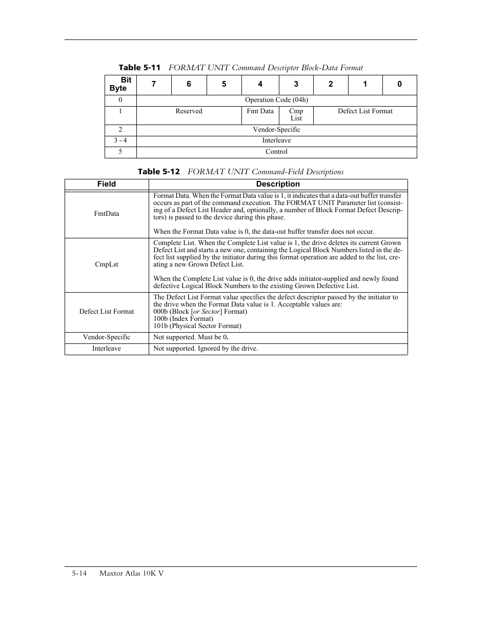 Table 5-12 format unit command-field descriptions | Maxtor 10K V User Manual | Page 72 / 253