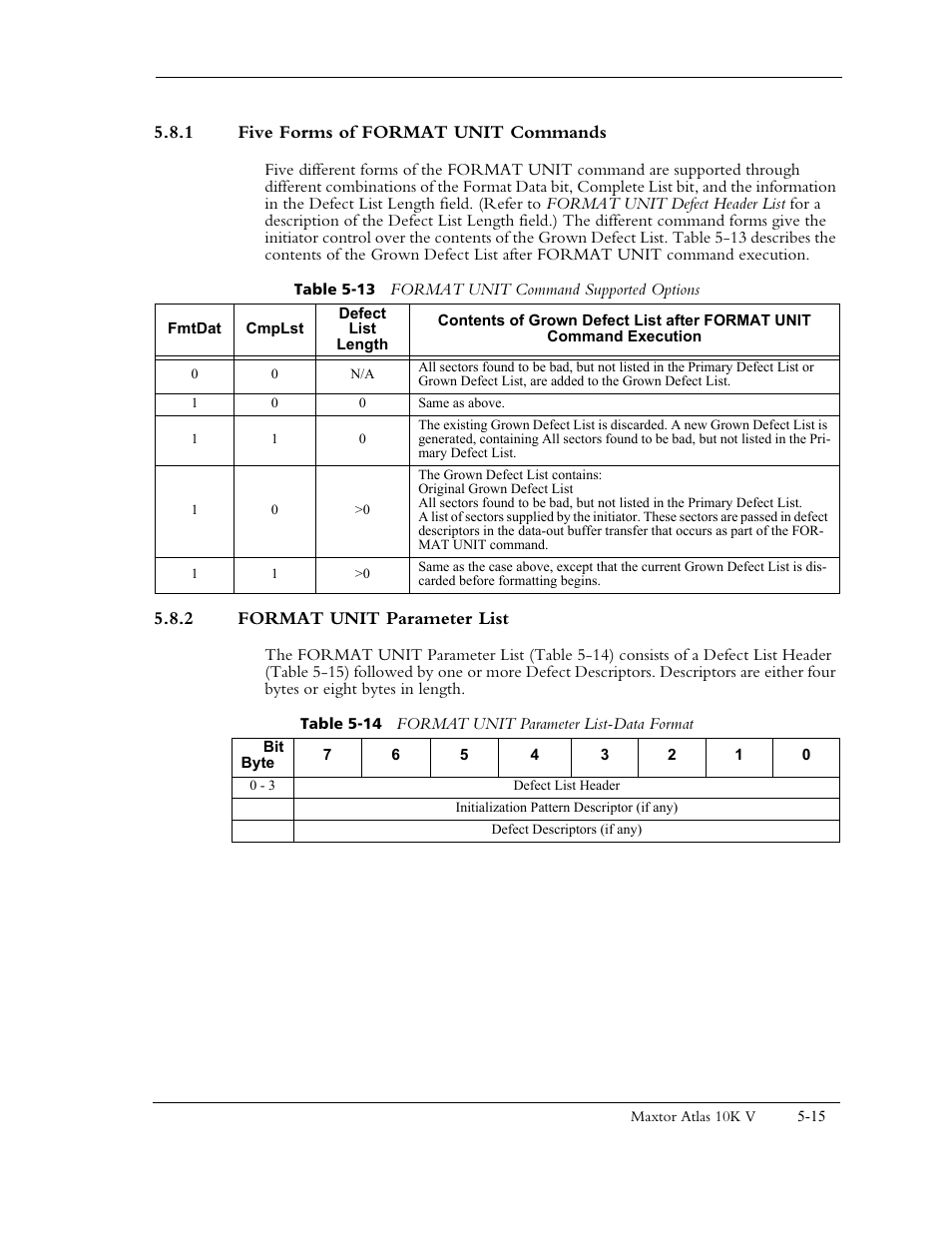 1 five forms of format unit command s, Table 5-13 format unit command supported options, 2 format unit parameter list | Table 5-14 format unit parameter list-data format | Maxtor 10K V User Manual | Page 73 / 253