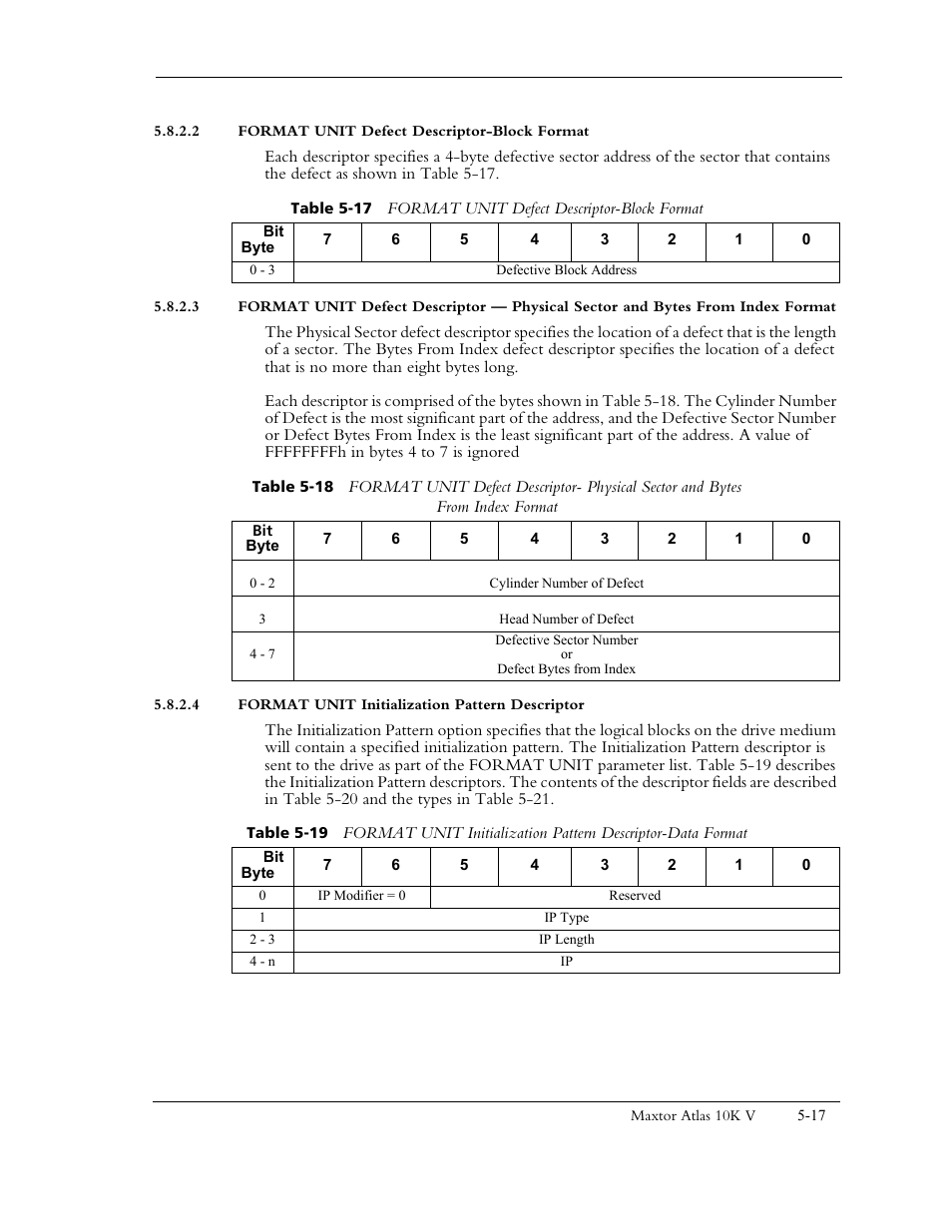 2 format unit defect descriptor-block format, 4 format unit initialization pattern descriptor, Descriptor (table 5 | 17) is not included | Maxtor 10K V User Manual | Page 75 / 253