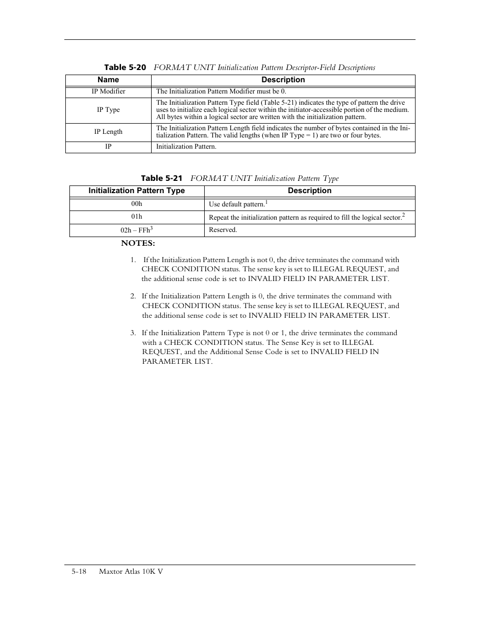 Table 5-21 format unit initialization pattern type, In table 5-20 and the types in table 5-21 | Maxtor 10K V User Manual | Page 76 / 253