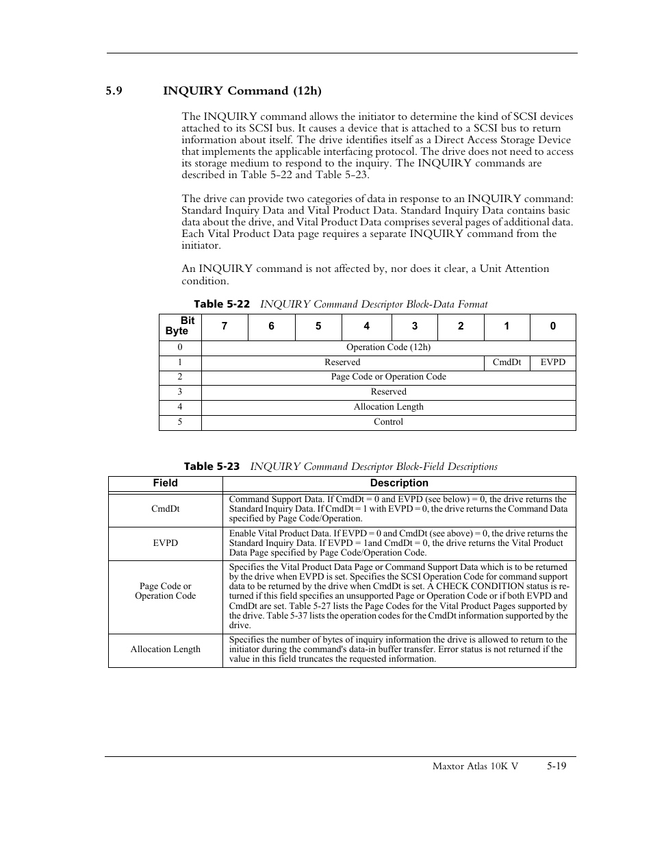 9 inquiry command (12h) | Maxtor 10K V User Manual | Page 77 / 253