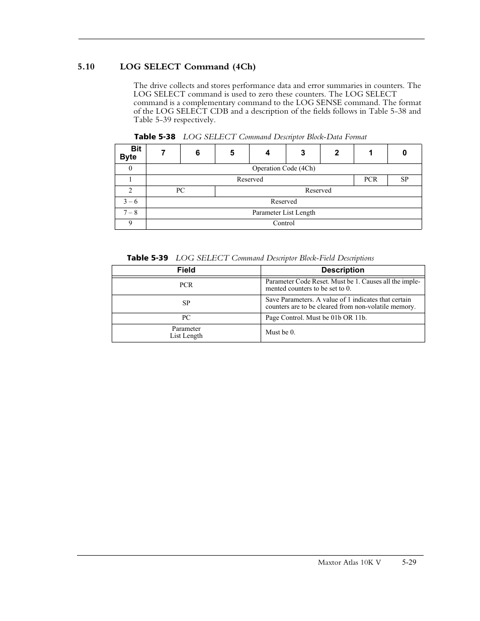10 log select command (4ch) | Maxtor 10K V User Manual | Page 87 / 253